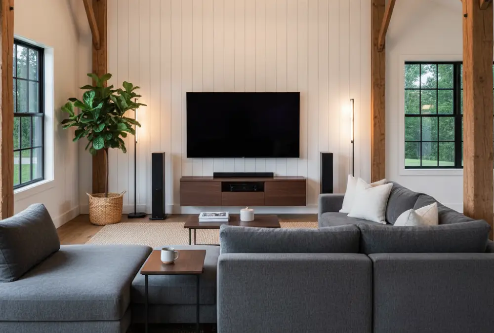 Soaring Beams & Modern Media Lounge - High-Contrast Barn Living on a Budget