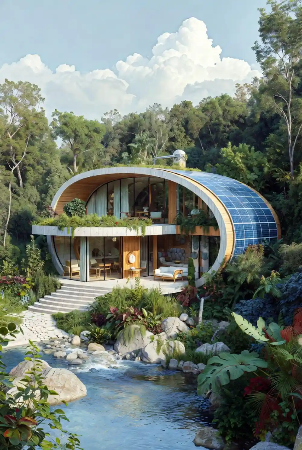 Solar-Wrapped Riverfront Pod - Futuristic Sustainable Living in Harmony with Nature