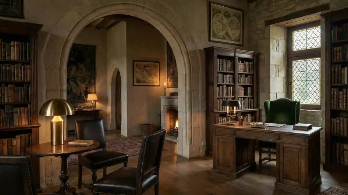 Stone Archway and Emerald Velvet Study – A Scholarly Castlecore Retreat