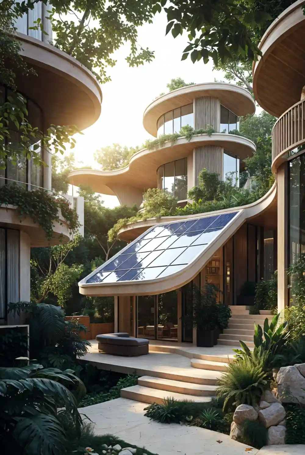 Sun-Dappled Timber & Solar Canopy Residence - A Vision of Optimistic Solarpunk Living