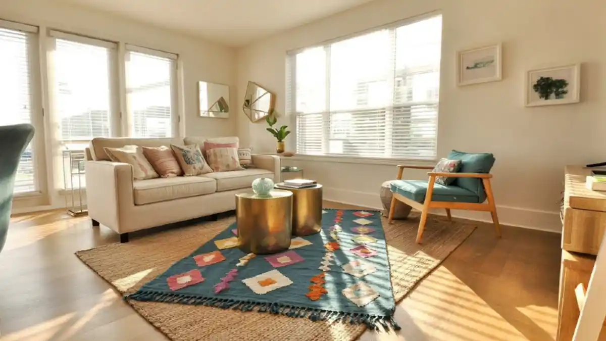 Sun-Drenched Boho Gold Living Room – Infusing Warmth into Micro-Luxe Living