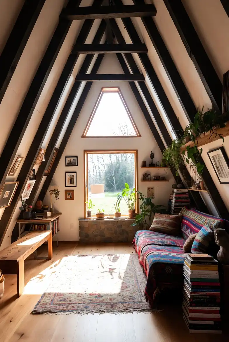 Sun-Drenched Eclectic Library Nook – Maximizing Character in A-Frame Living