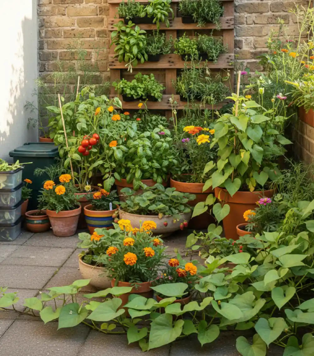 Sun-Soaked Pallet Herb Wall – Vertical Chaos Meets Ground-Level Abundance