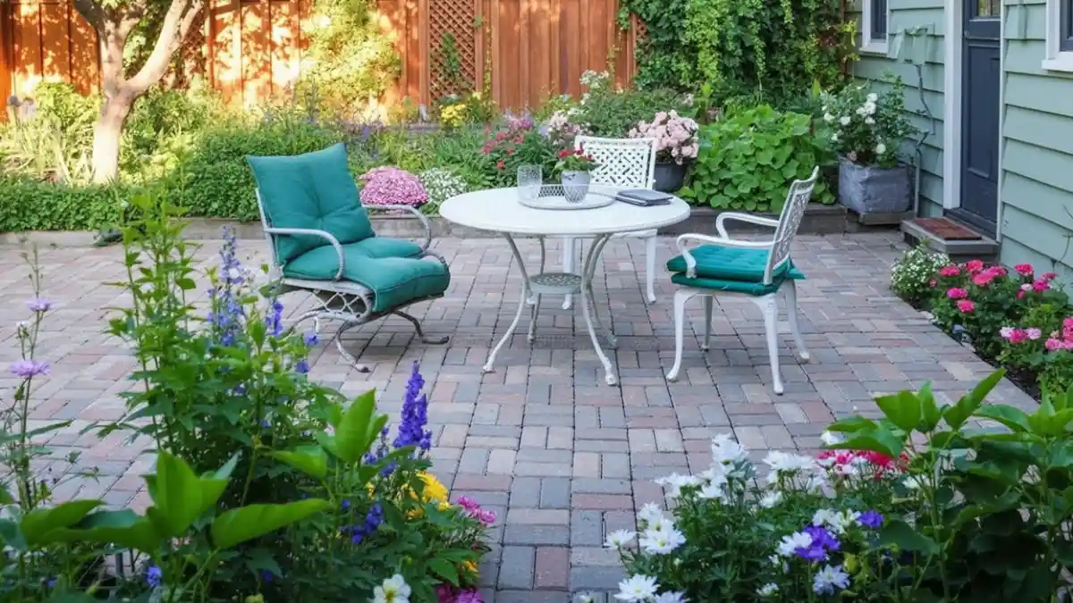Teal & Terracotta Courtyard – Perimeter Power for Low-Effort Lushness