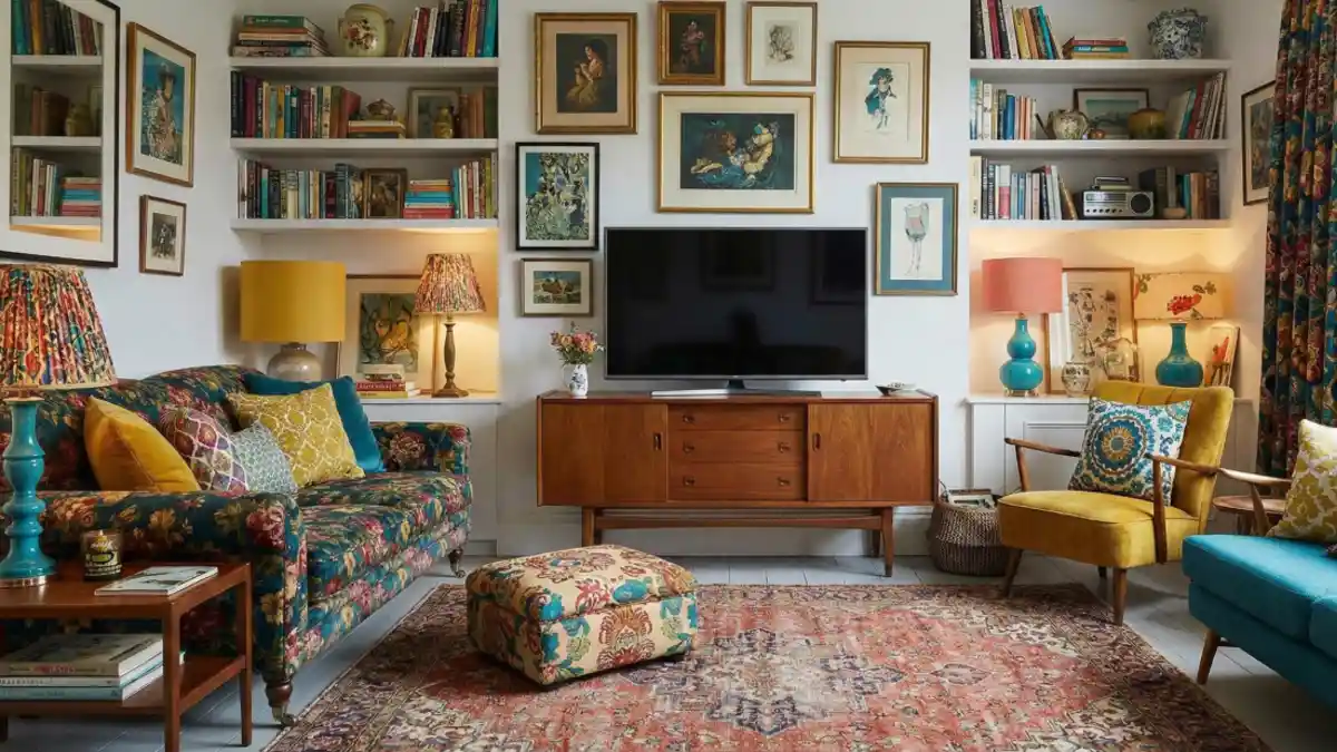 Teal and Mustard Vintage Living Room – Smart Storage Meets Bold Prints