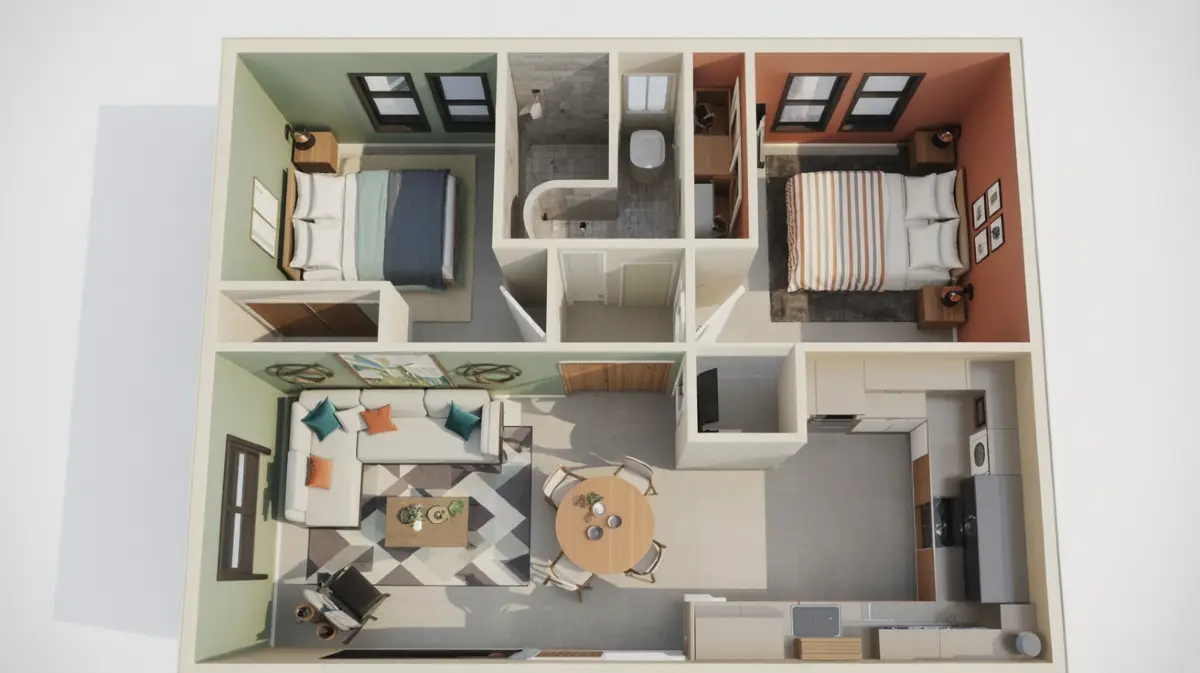 Terracotta & Teal Harmony – Two-Bedroom Tiny Home with a Fresh Coastal Feel