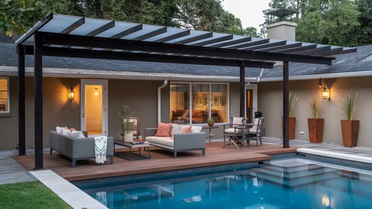 Translucent Industrial Poolside Canopy - Chic Protection Without the Gloom