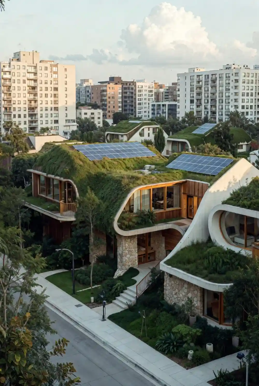 Verdant Rolling Roofs & Stone Villas - A Solarpunk Suburban Revolution