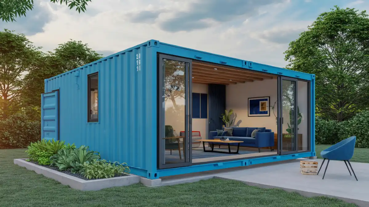 Vibrant Blue Shipping Container Living Room – A Compact, Stylish Backyard Retreat