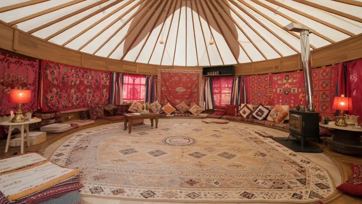 Vibrant Crimson and Suzani Gathering Space – Traditional Warmth for Modern Communal Living