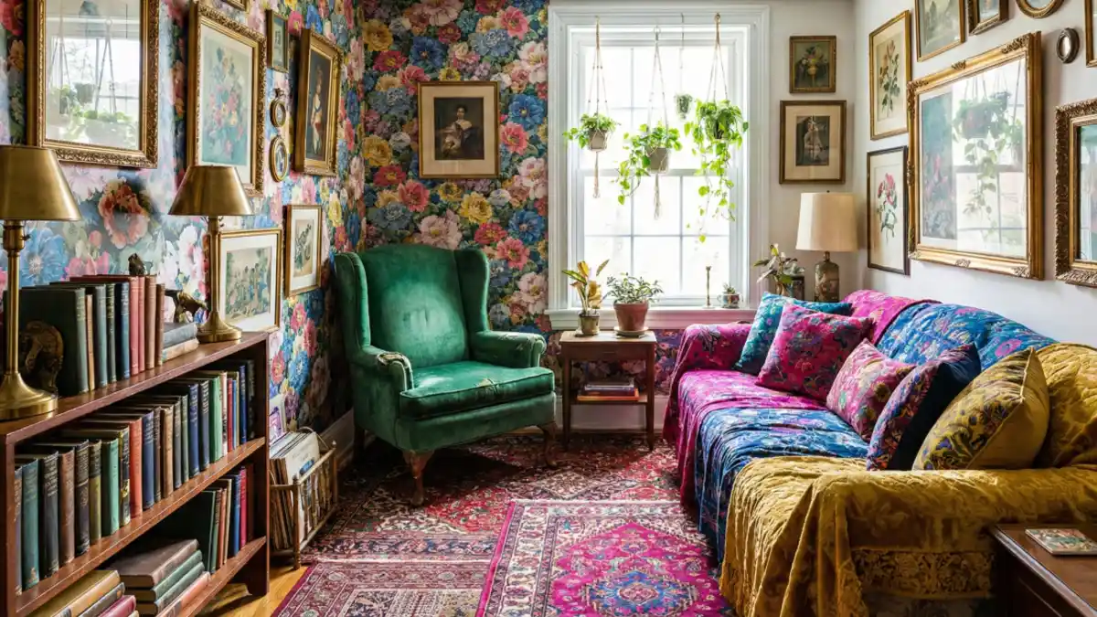 Vintage Floral & Velvet Retreat – Cozy Maximalism for Tiny Corners