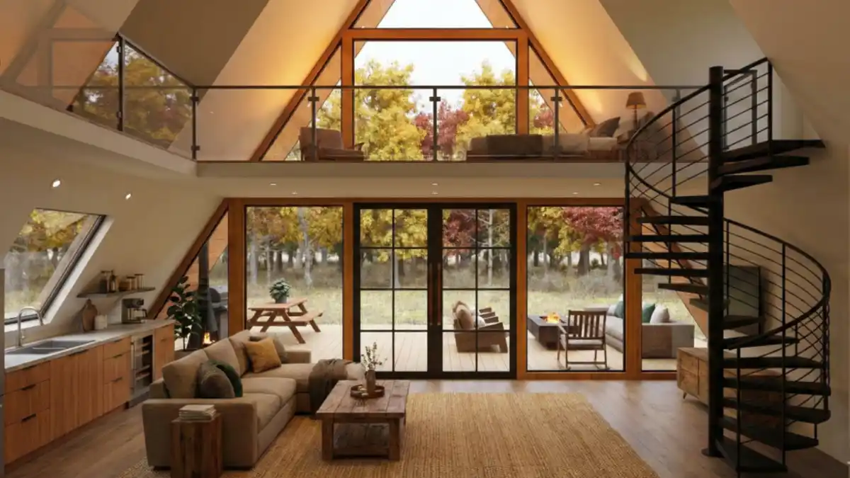 Warm Oak & Iron Spiral Loft – Maximizing Flow in Modern A-Frames
