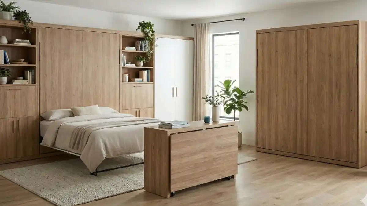 Warm Oak & Minimalist Transformer Suite – Maximizing Square Footage with Hidden Functionality