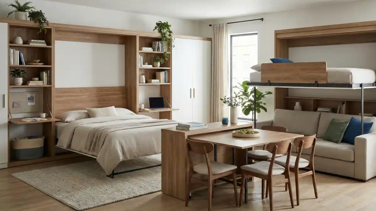 Warm Oak & Minimalist Transformer Suite – Maximizing Square Footage with Hidden Functionality