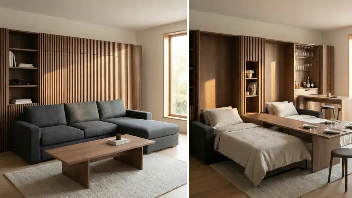 Warm Walnut Slatted Oasis – A Mid-Century Modern Transformer Living Room