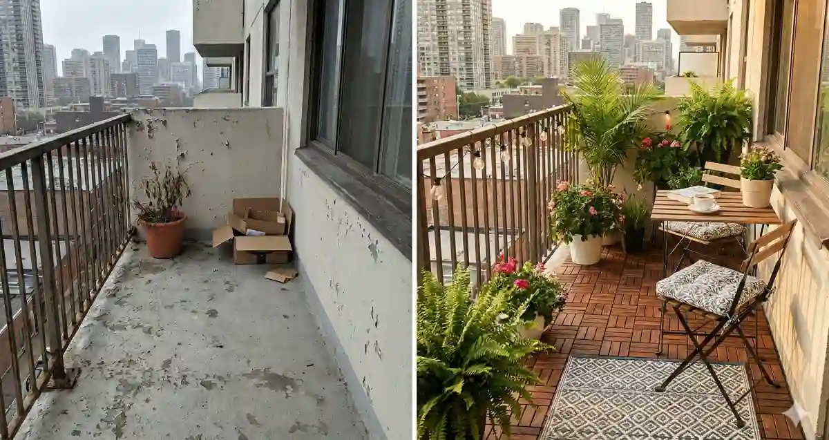 Warm Wood & Tropical Greens – A High-Rise Balcony Sanctuary