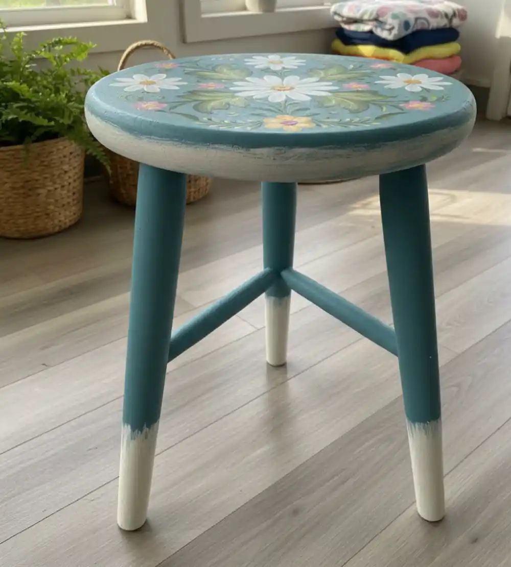 Whimsical Teal & Daisy Milking Stool – Folk Art Charm for Small Spaces