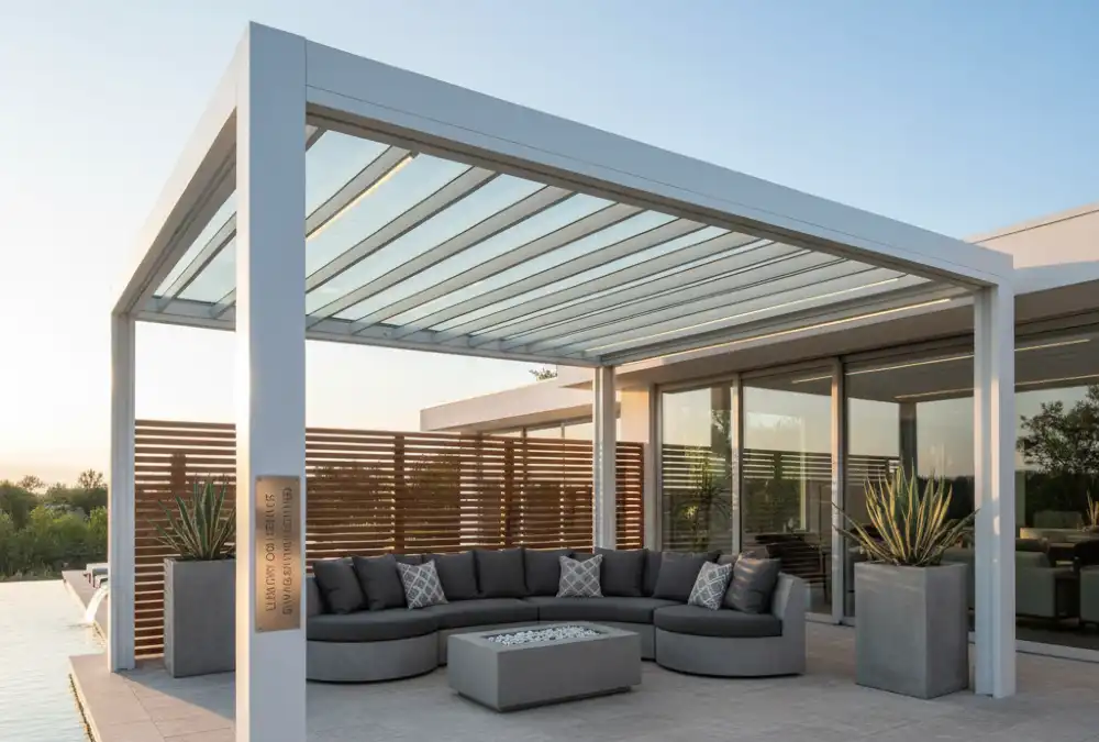 White Glass-Louvered Waterfront Pergola - Contemporary Oasis with a View