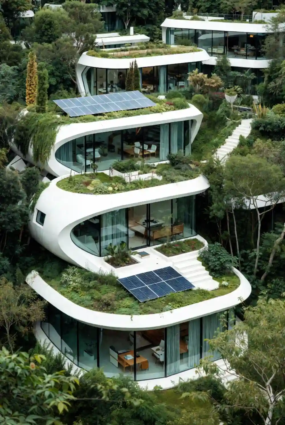 White Organic Terraces & Living Roofs - A Solarpunk Habitat for Vertical Living