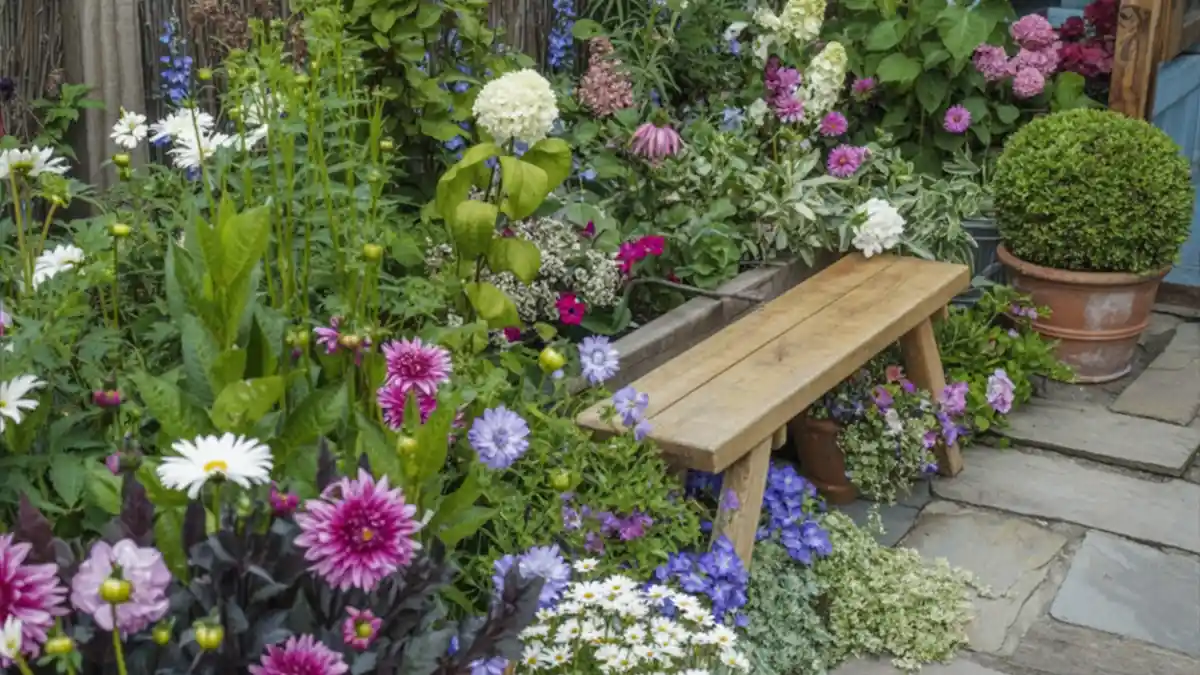 Wildflower Riot & Rustic Bench – Uncurated Beauty for Tiny Spaces