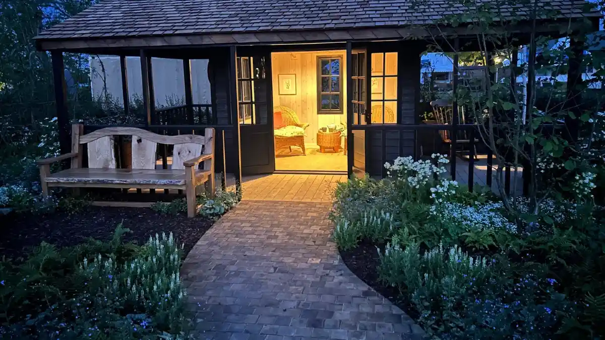 Amber Glow and Snowy Blooms Pavilion - A Moonlit Backyard Retreat