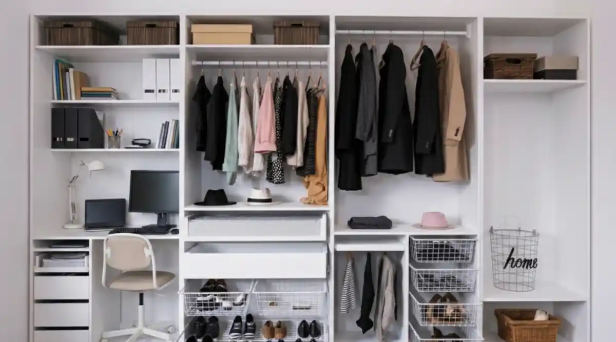 Arctic White Modular Haven – Streamlining Wardrobe Storage for a Distraction-Free Workspace