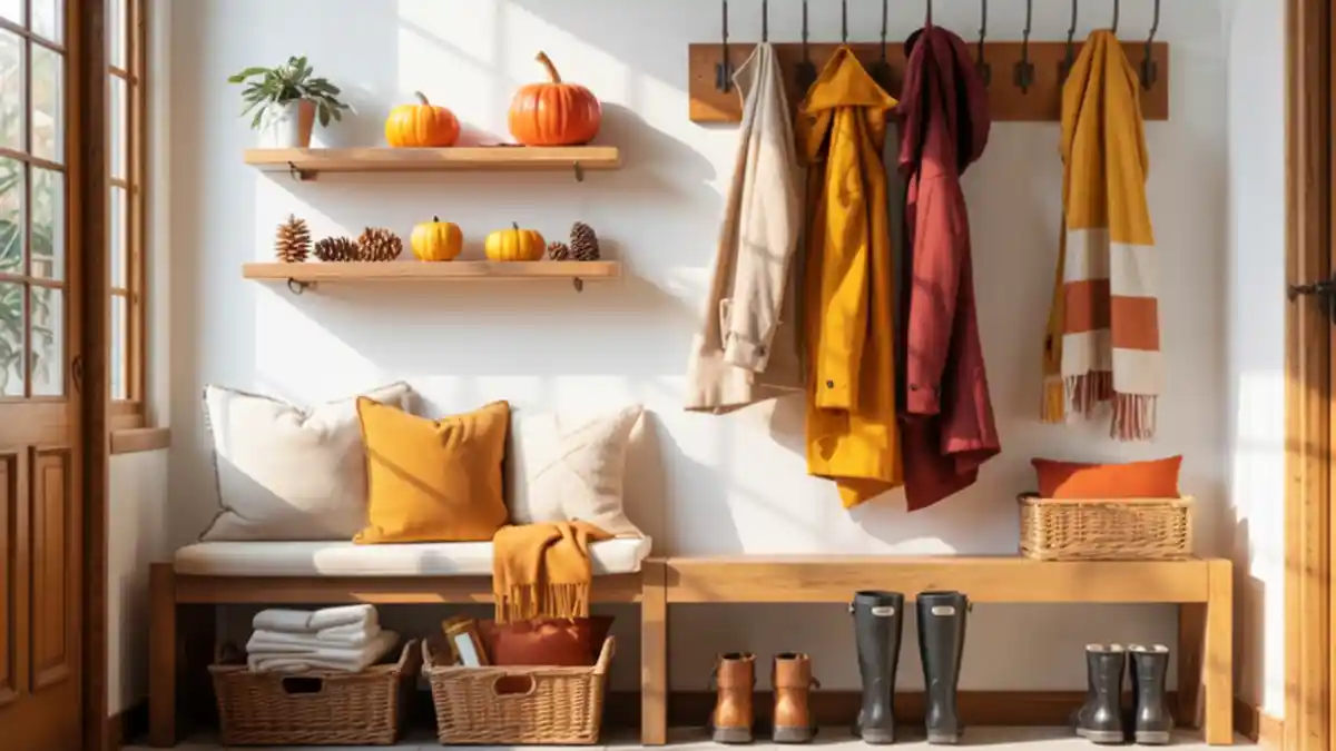 Autumnal Wood & Amber Entryway Drop Zone – Maximizing Narrow Spaces with Seasonal Flair