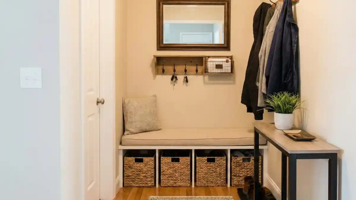 Beige and Wicker Farmhouse Nook – A Masterclass in Narrow Hallway Functionality