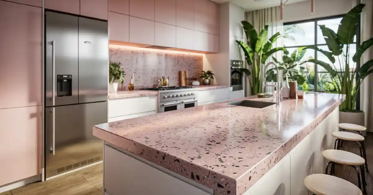 Blush Pink Confetti Kitchen – Elevating Modern Minimalism with Terrazzo Textures