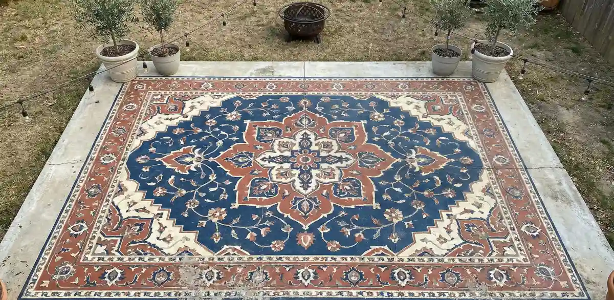 Bohemian Terracotta & Navy Faux-Rug Patio – Stenciled Sophistication for Outdoor Living