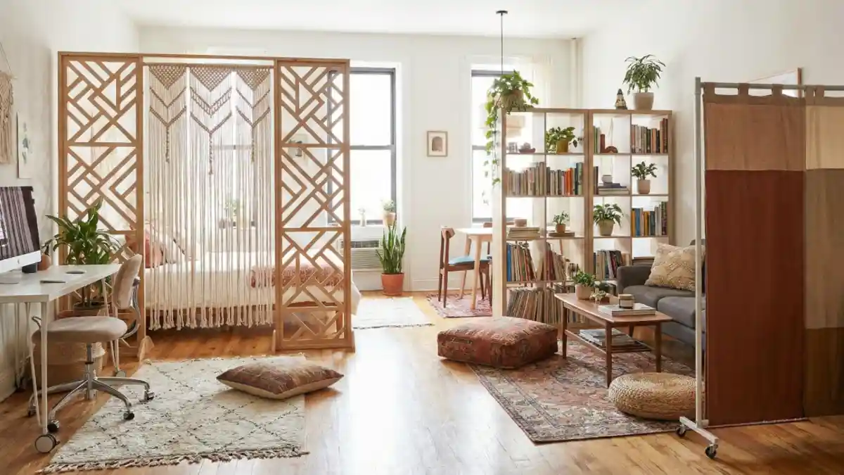 Boho Geometric & Macrame Partitions – Studio Apartment Zoning with Warm Wood Tones