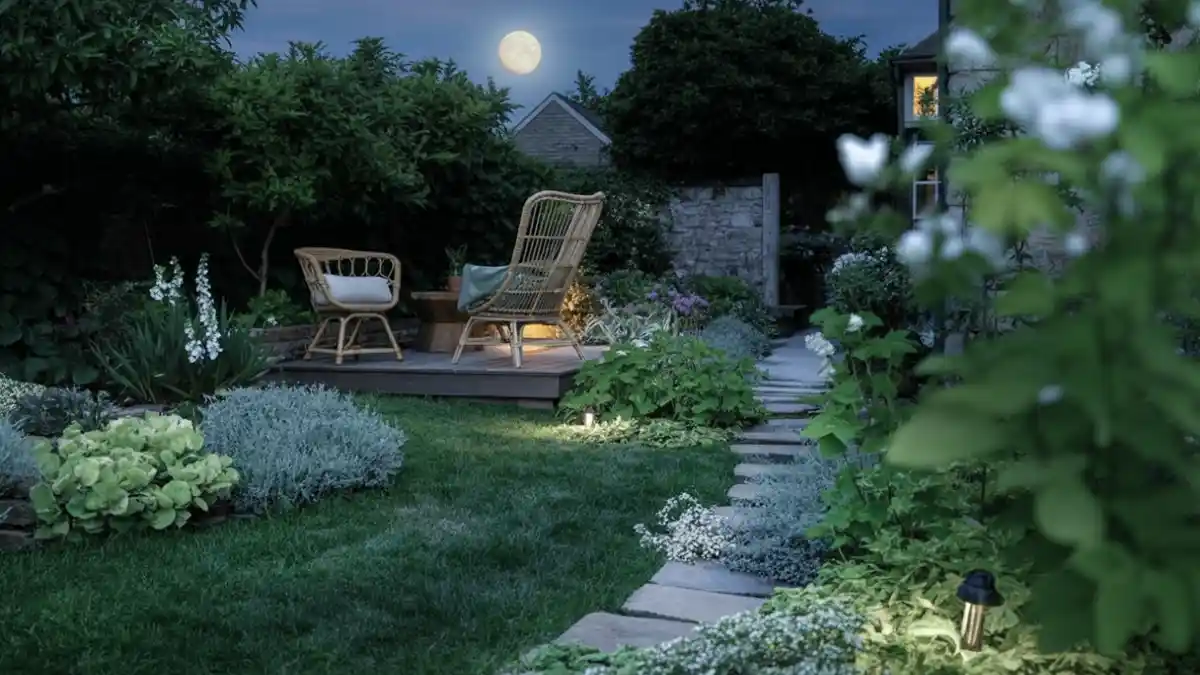 Celestial White and Silver Cottage Deck - Moon Garden Design for Midnight Serenity