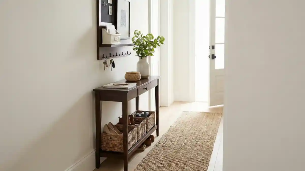 Classic Walnut and Jute Drop Zone – Streamlined Organization for Tight Spaces