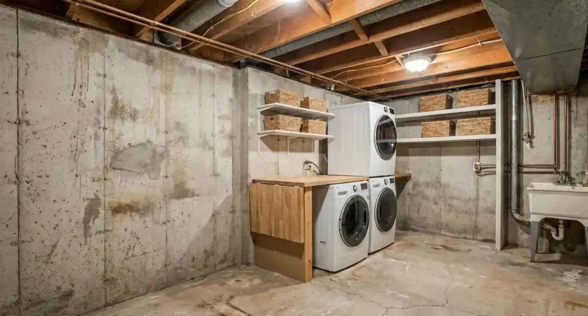 Crisp White Industrial Chic Laundry Room – Turning Concrete into a Clean Slate