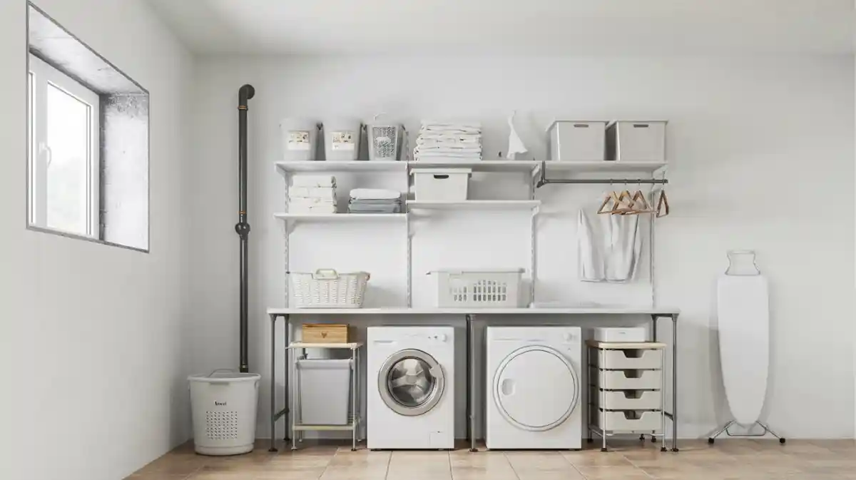 Crisp White Scandi-Industrial Hub – Brightening the Basement with Vertical Efficiency