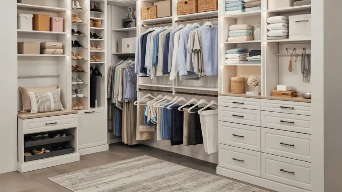 Crisp White & Warm Wood Walk-In – A Cloffice Foundation with Luxurious Organization