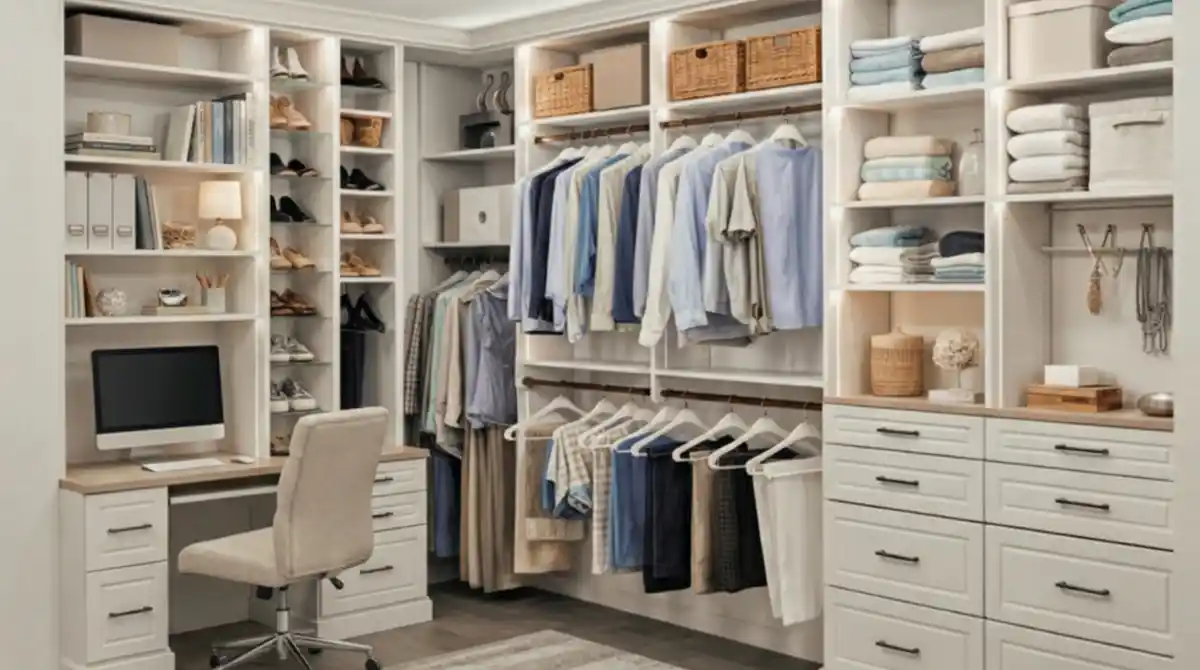 Crisp White & Warm Wood Walk-In – A Cloffice Foundation with Luxurious Organization