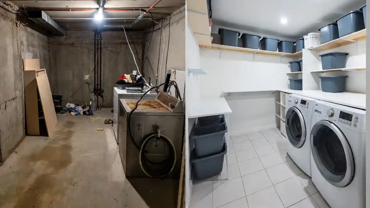 Crisp White and Charcoal Laundry Hub – Banish the Basement Blues with Bright Organization