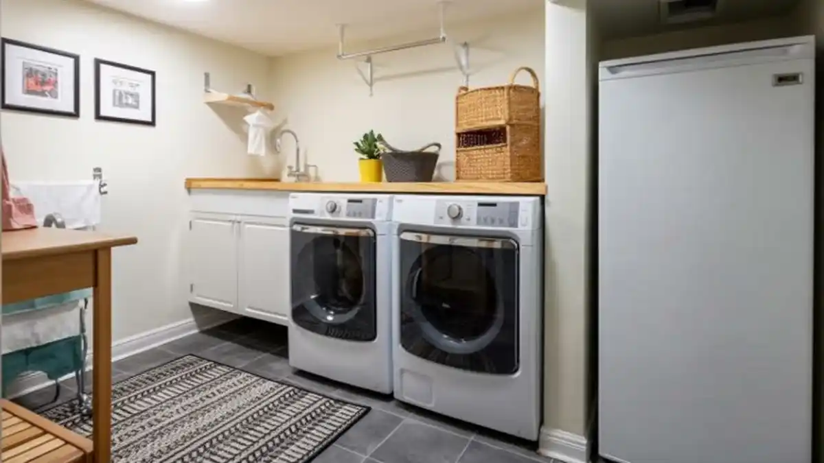 Crisp White and Natural Wood Laundry Station – Banish the Gloom with Smart Lighting and Texture
