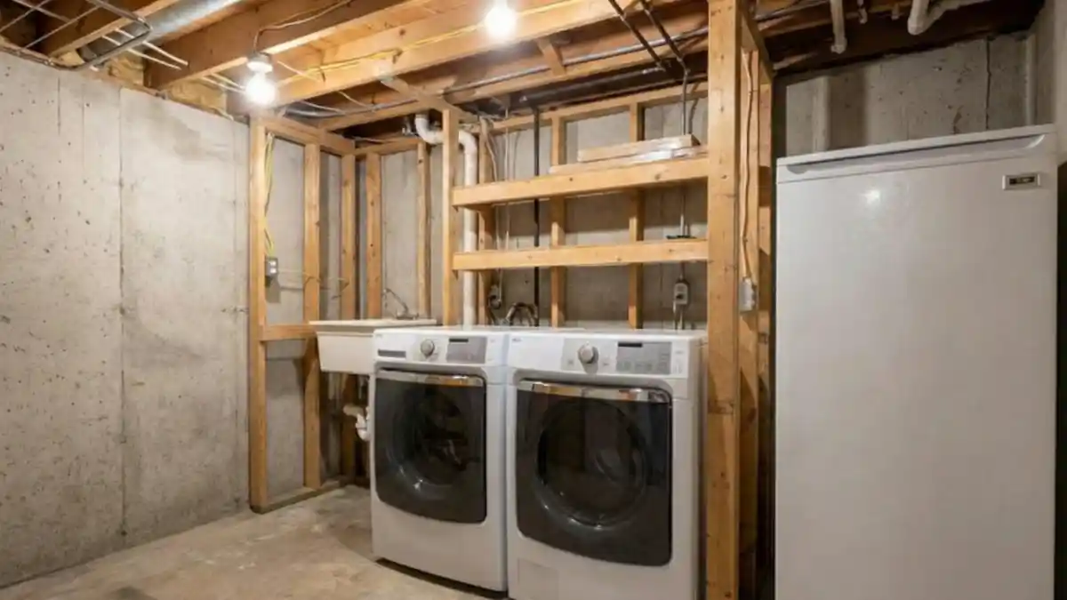 Crisp White and Natural Wood Laundry Station – Banish the Gloom with Smart Lighting and Texture