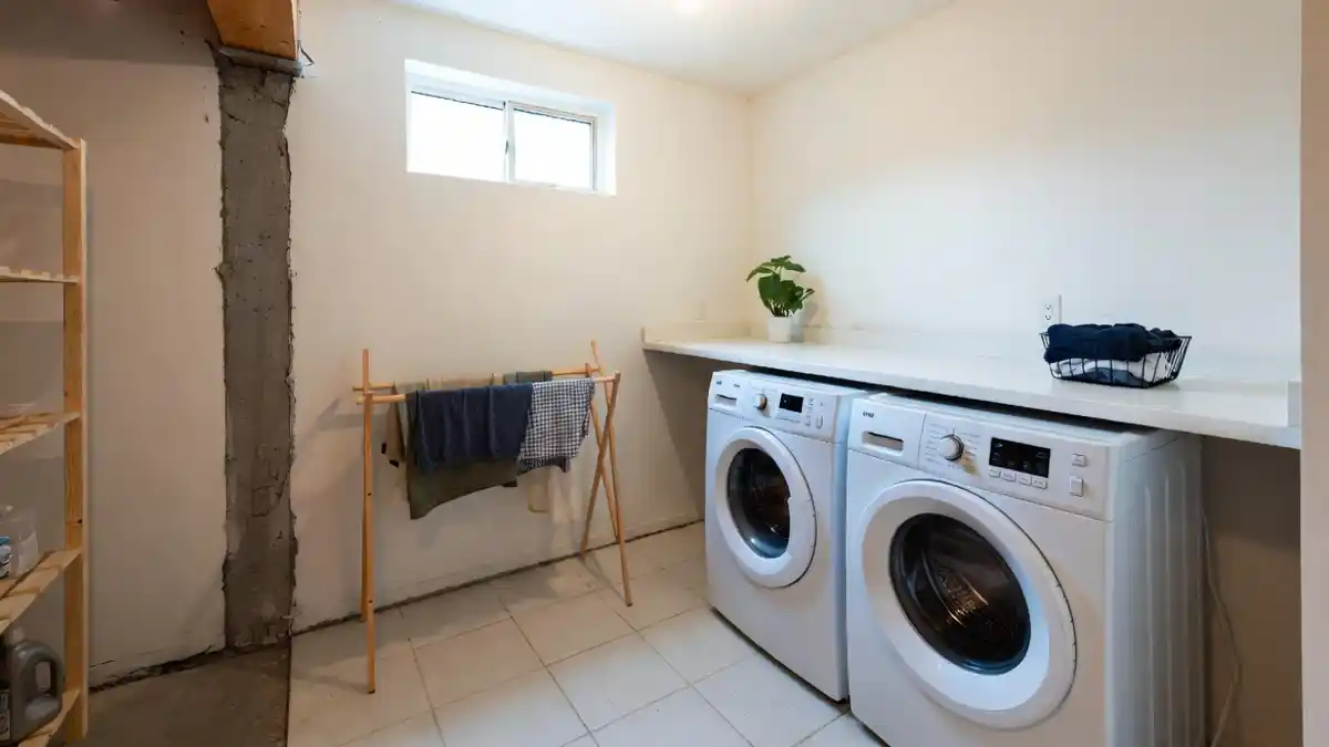 Crisp White and Raw Wood Laundry Haven – Transforming Concrete Coldness into Minimalist Warmth