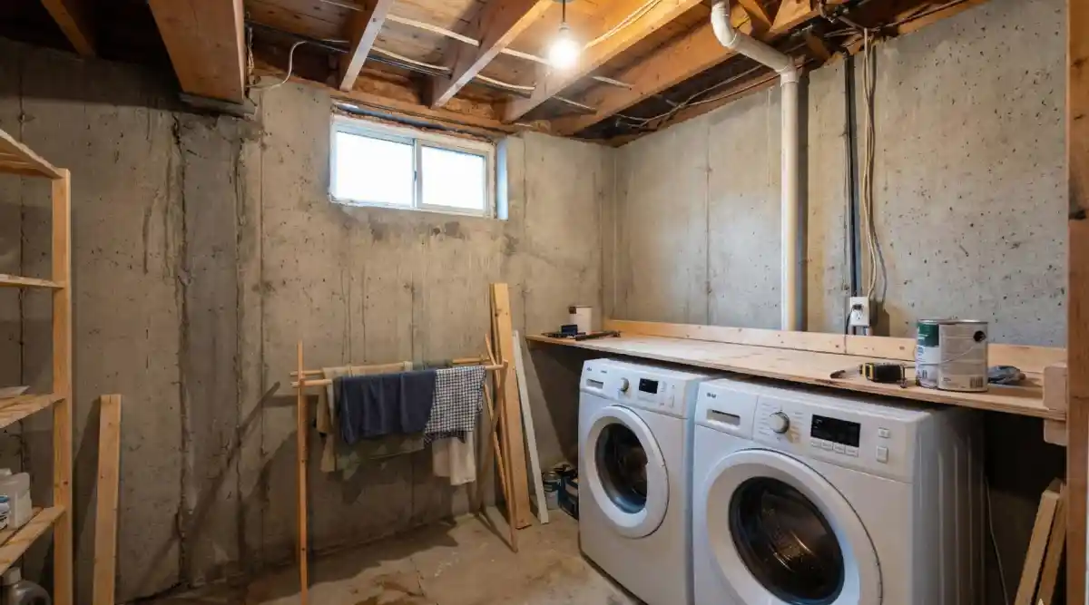 Crisp White and Raw Wood Laundry Haven – Transforming Concrete Coldness into Minimalist Warmth