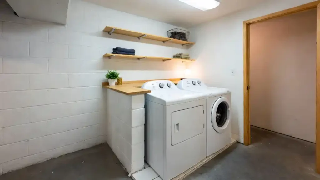 Crisp White and Warm Wood Laundry Nook – Minimalist Basement Refresh