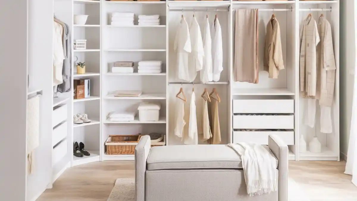 Crisp White and Woven Warmth Walk-In – The Ultimate Organized Backdrop for a Cloffice