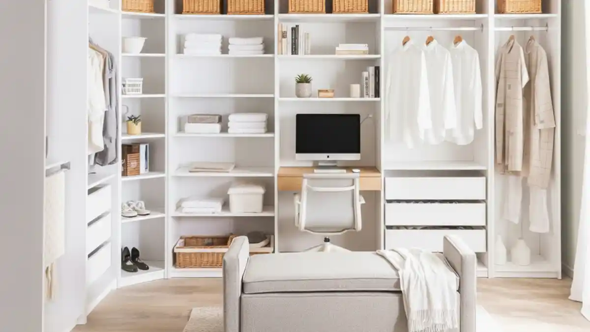 Crisp White and Woven Warmth Walk-In – The Ultimate Organized Backdrop for a Cloffice