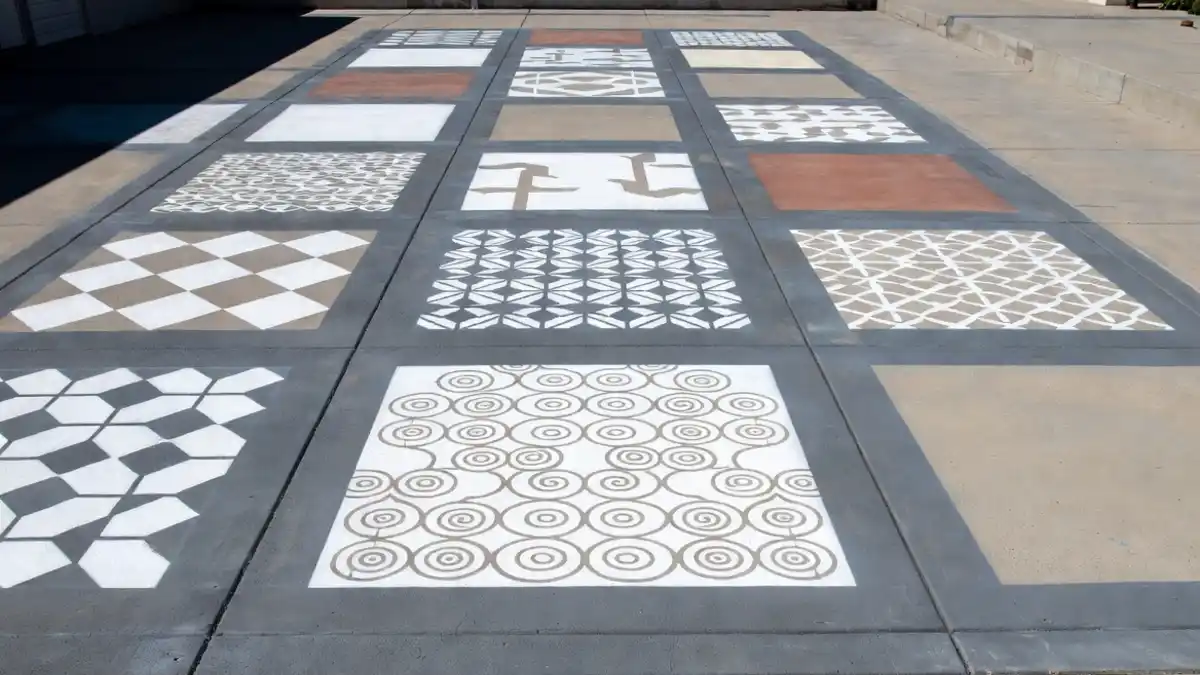 Earthy Geometric Quilt Patio – A Stencil Sampler for Creative Slabs
