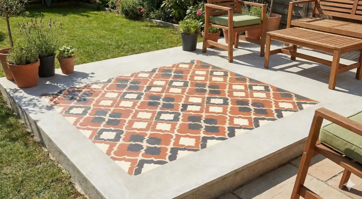 Earthy Mediterranean Motif Patio - Stenciling Warmth onto Plain Concrete
