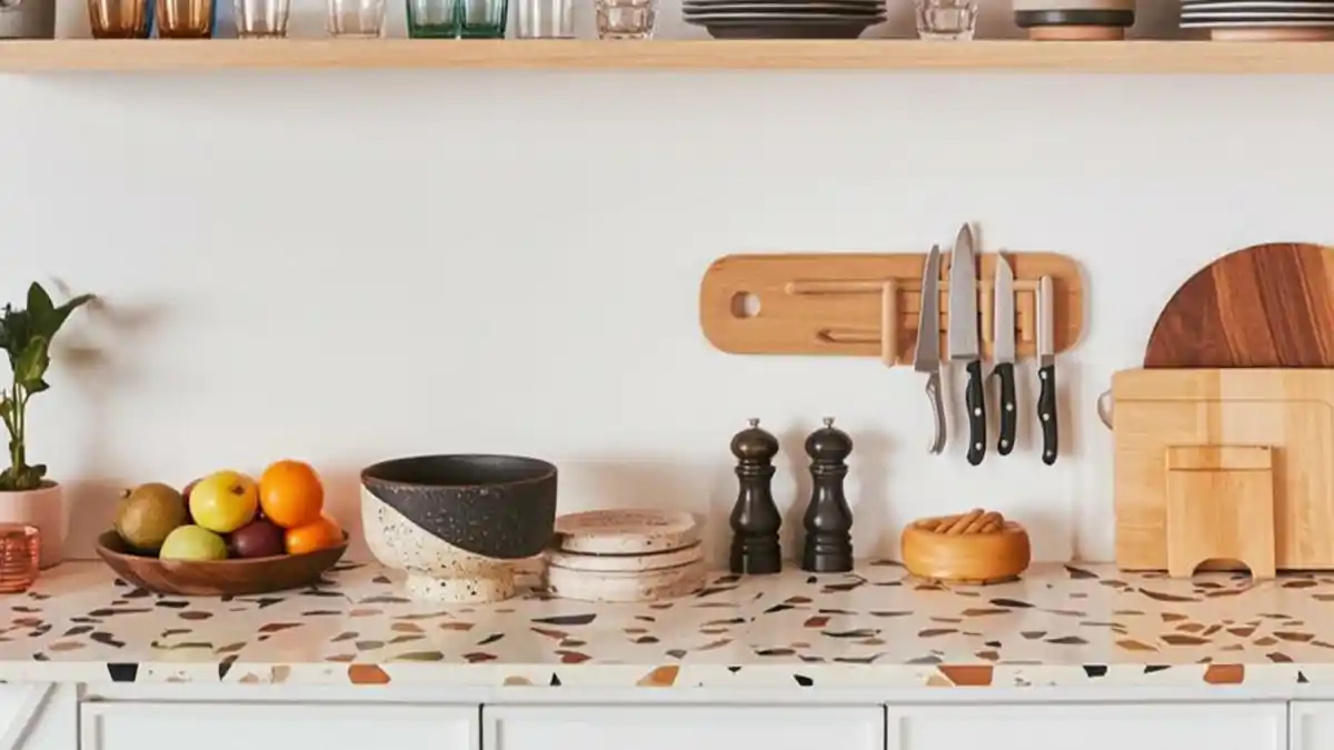 Earthy Minimalist Kitchen with Confetti Accents – A Terrazzo Countertop Transformation