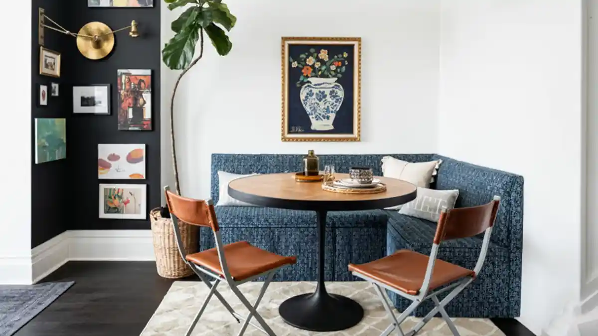 Eclectic Inky Blue Art Nook - Maximizing Corners with Family-Friendly Style