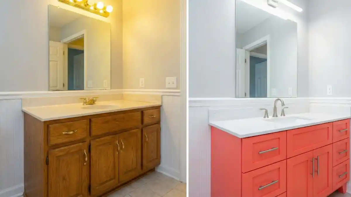 Electric Coral & Crisp White Bathroom - A Bold Departure from Builder Beige